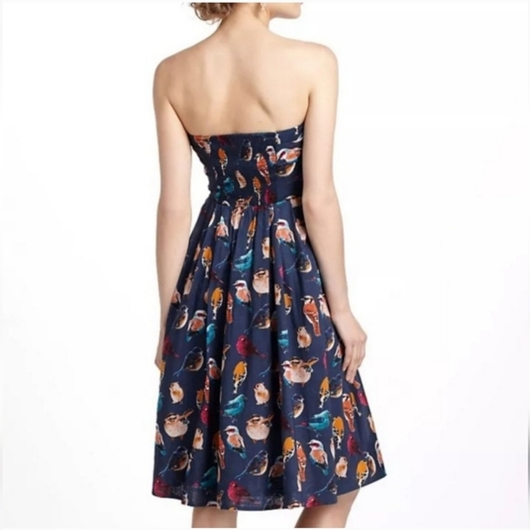Maeve Strapless Cotton Navy All Over Bird Print Dress Sz 0. Womens - Picture 2 of 9